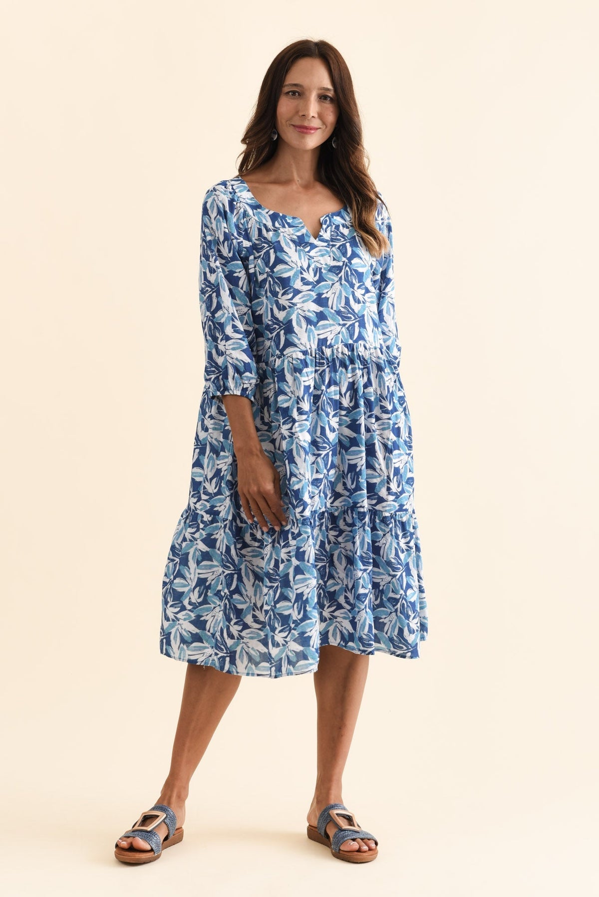 Irene Blue Leaf Cotton Blend Dress Full Length View