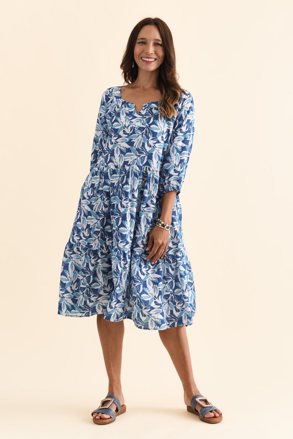 Irene Blue Leaf Cotton Blend Dress Front View 2