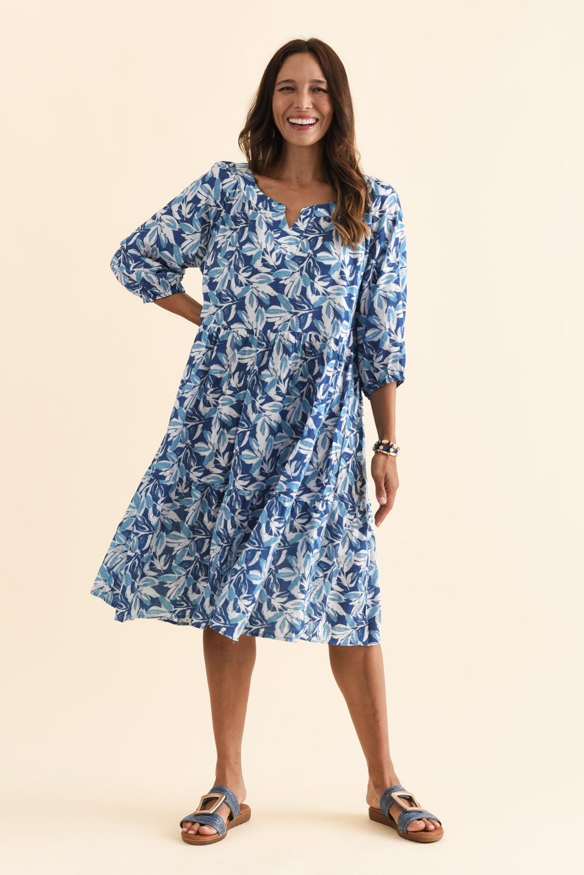 Irene Blue Leaf Cotton Blend Dress Front View