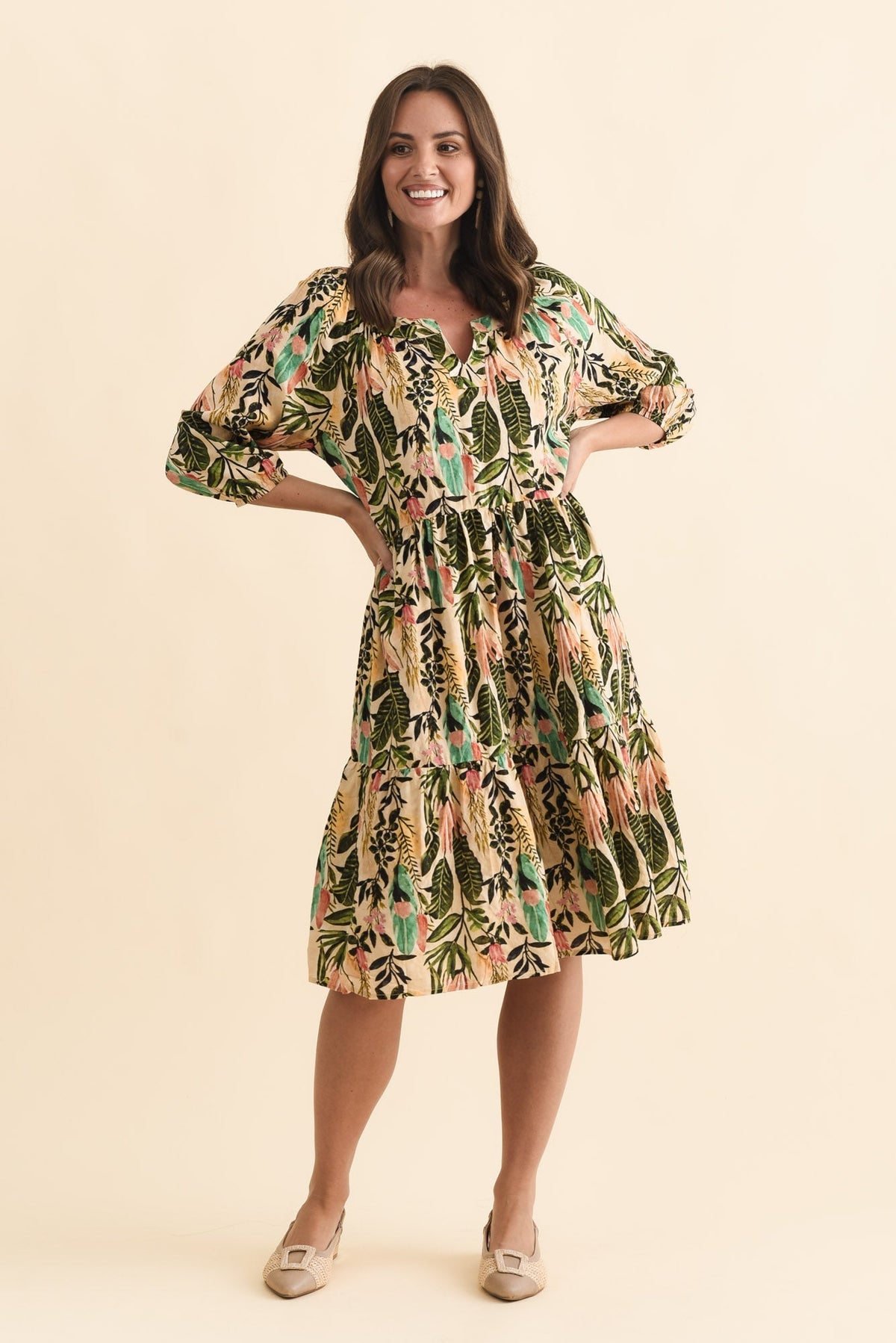 Irene Green Leaf Cotton Blend Dress Front View