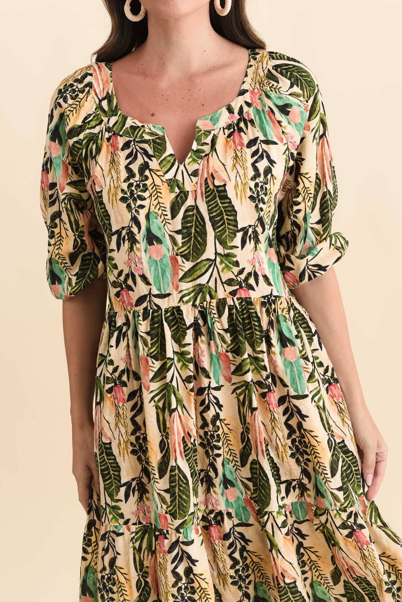 Irene Green Leaf Cotton Blend Dress Detail View