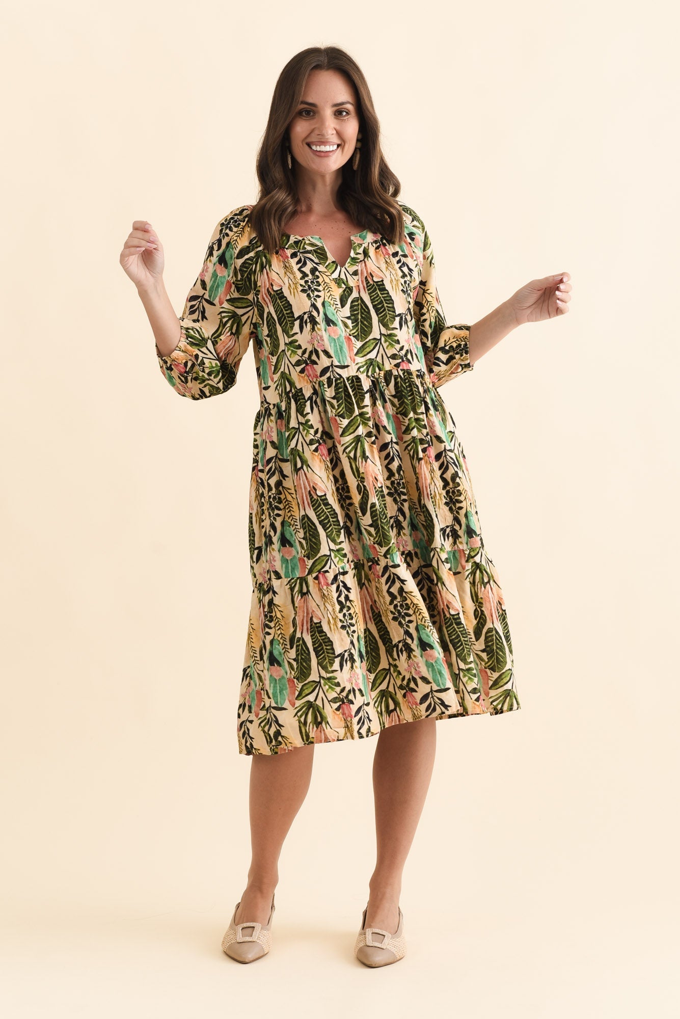 Irene Green Leaf Cotton Blend Dress Full Length View