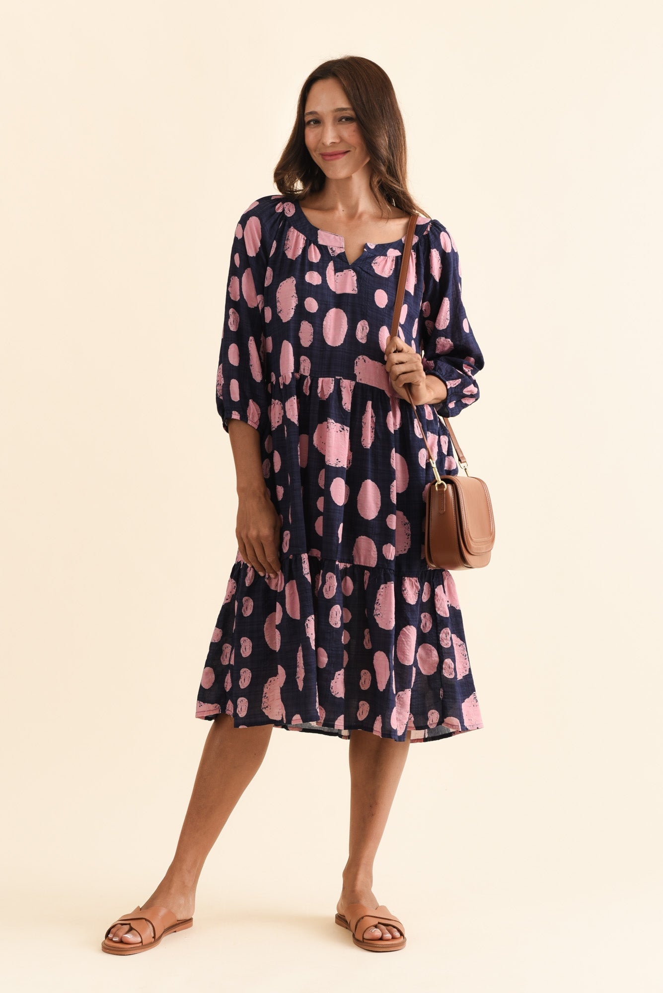 Irene Navy Spot Cotton Blend Dress Front View 2
