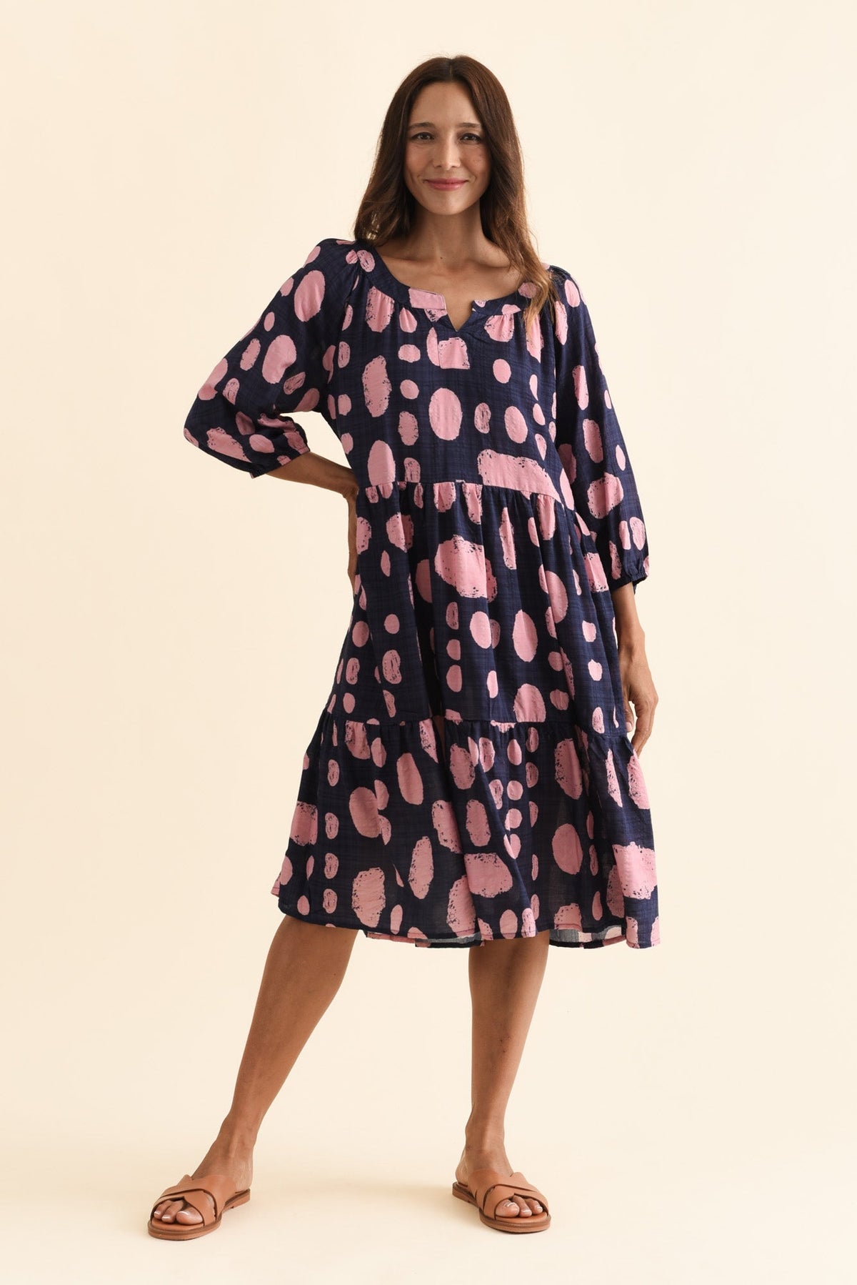 Irene Navy Spot Cotton Blend Dress Full Length View