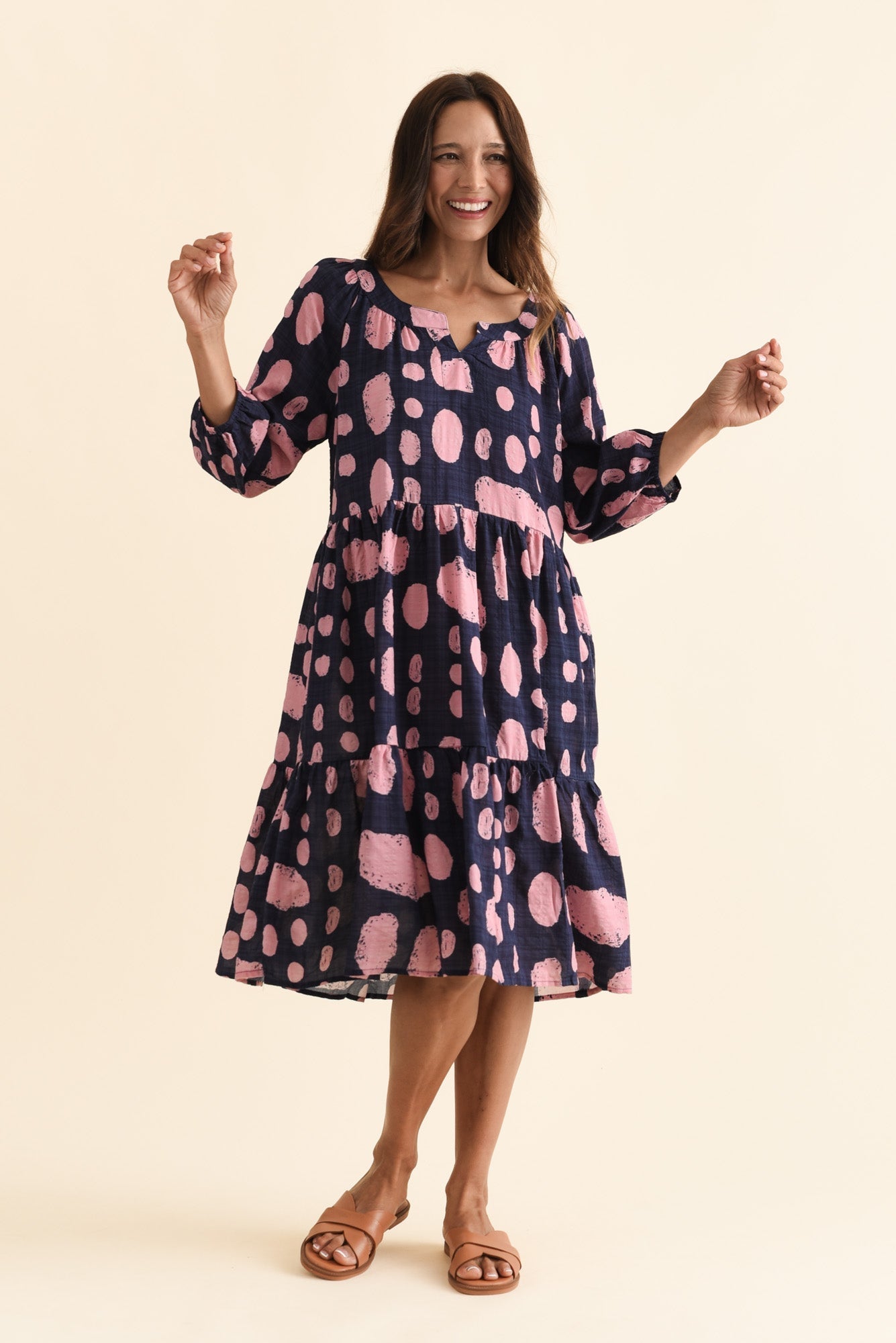 Irene Navy Spot Cotton Blend Dress Front View
