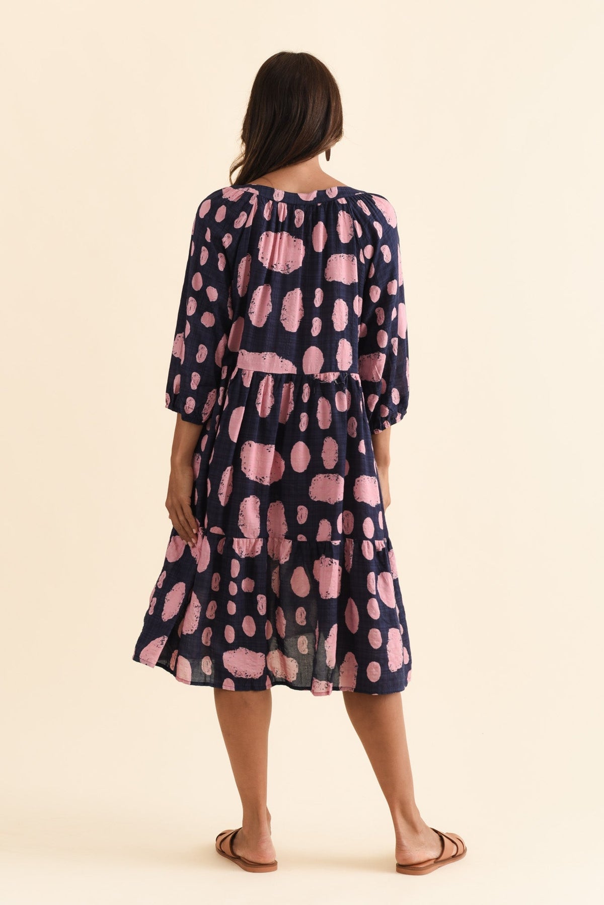 Irene Navy Spot Cotton Blend Dress Side View