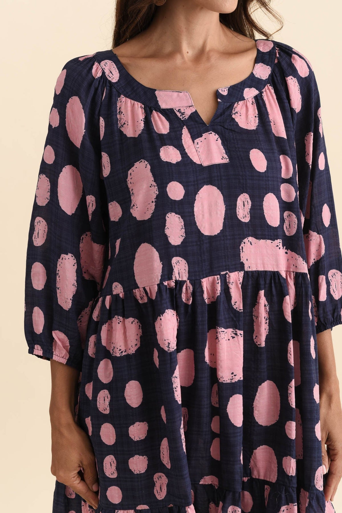 Irene Navy Spot Cotton Blend Dress Detail View