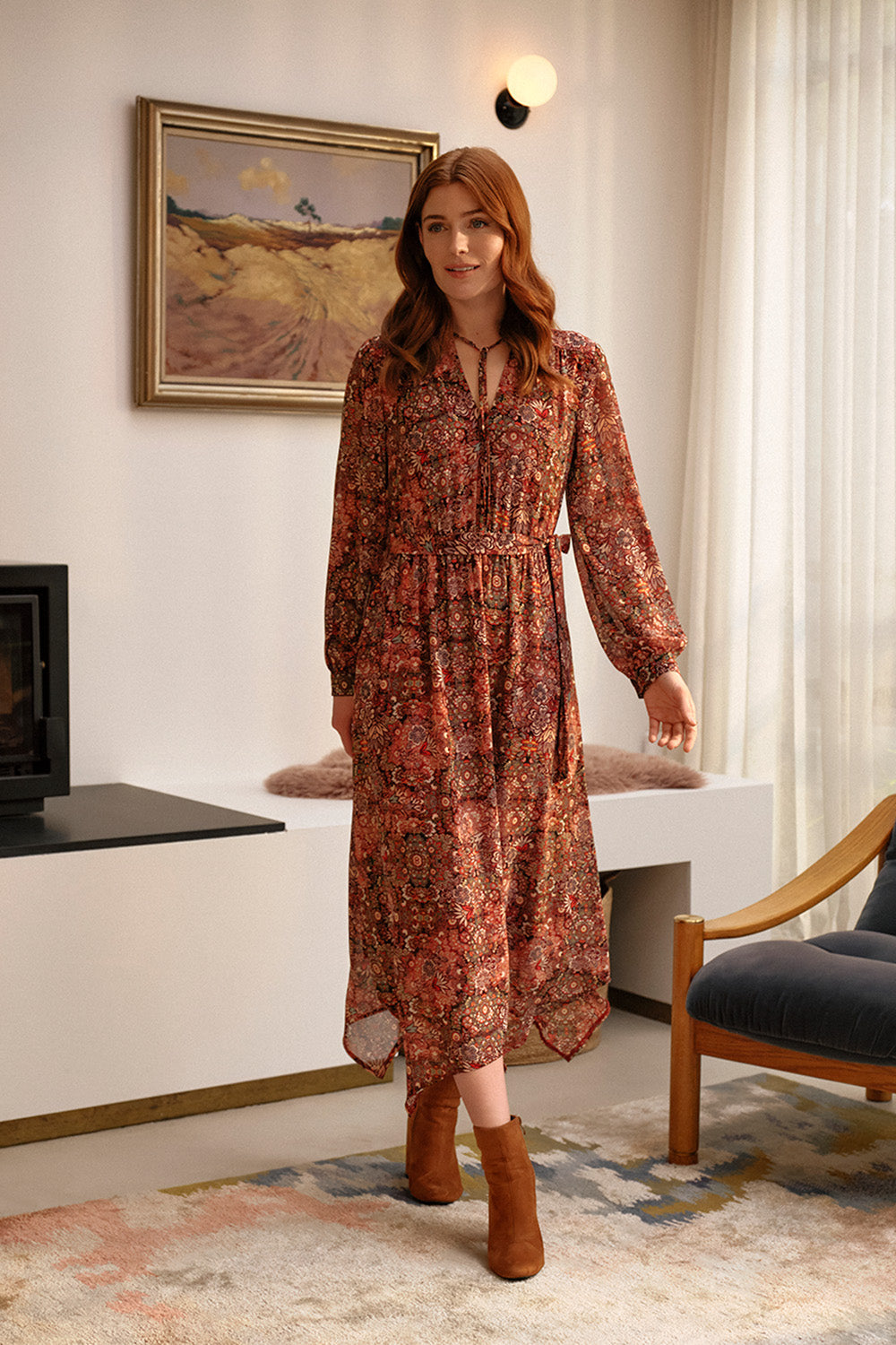 Floral Paisley Semi Sheer Midi Dress Front View