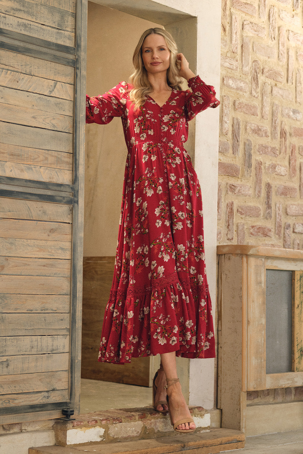 Floral Long Sleeve Lace Trim Maxi Dress Front View