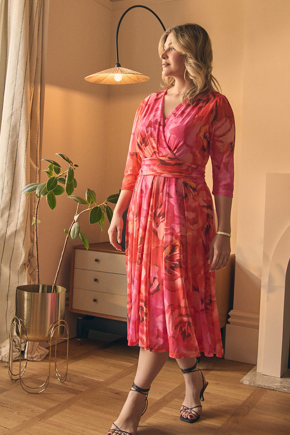 Floral Mesh Ruched Midi Faux Wrap Dress Front View
