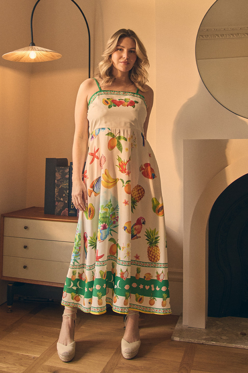 Border Print Cami Strap Midi Dress Front View