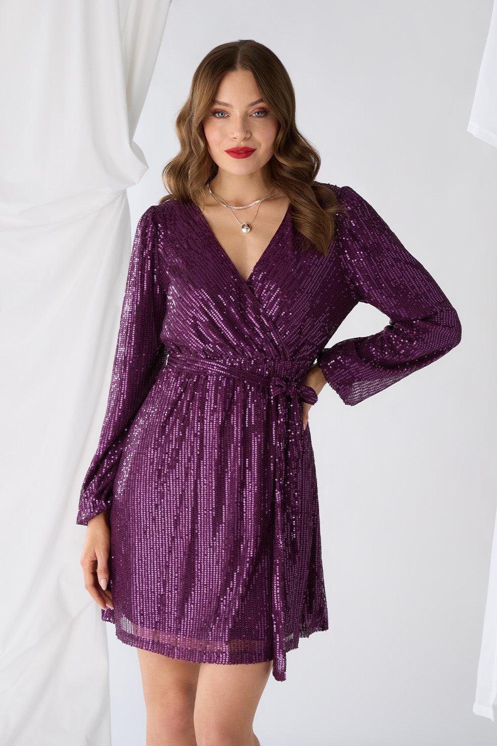 Sparkly Sequin Long Sleeve Mini Wrap Dress Front View 2