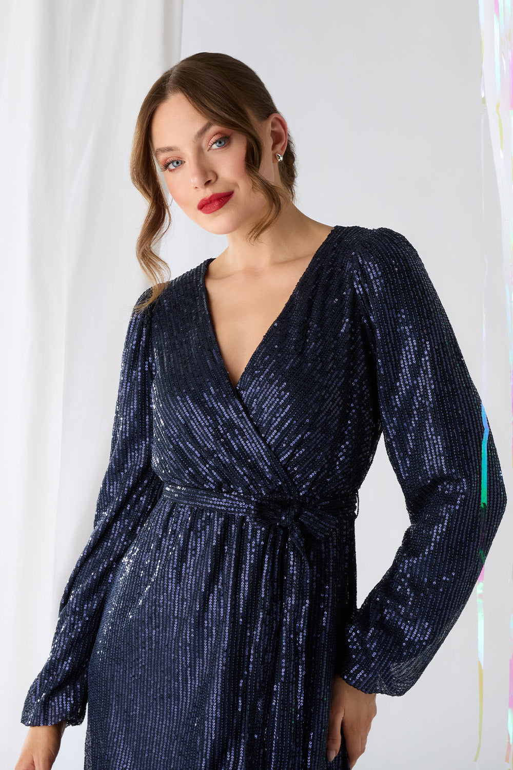 Sparkly Sequin Long Sleeve Mini Wrap Dress Full Length View 2