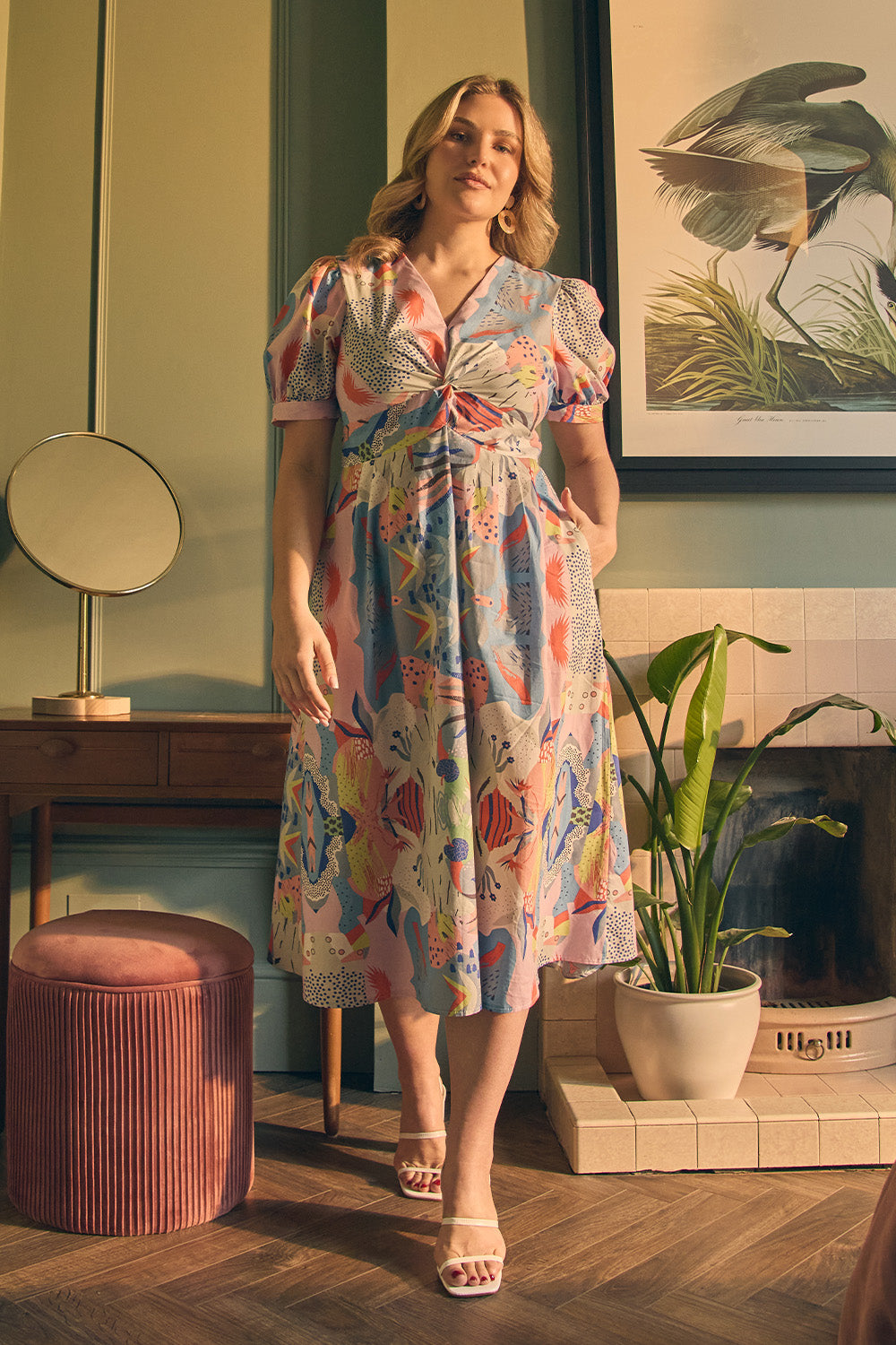 Abstract Ruched Front Empire Midi Dress Front View
