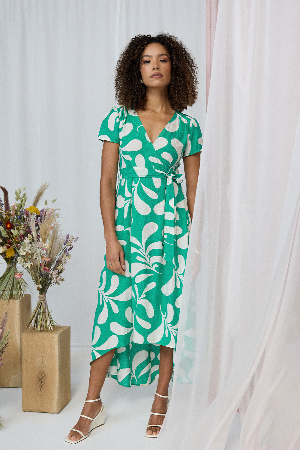 Printed Tie Waist Split Hem Midi Dress Front View