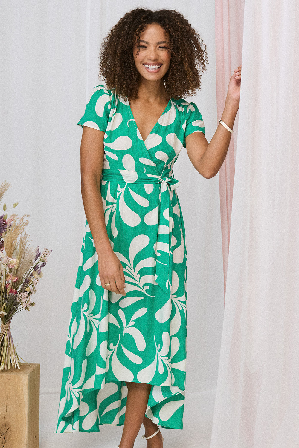 Printed Tie Waist Split Hem Midi Dress Back View