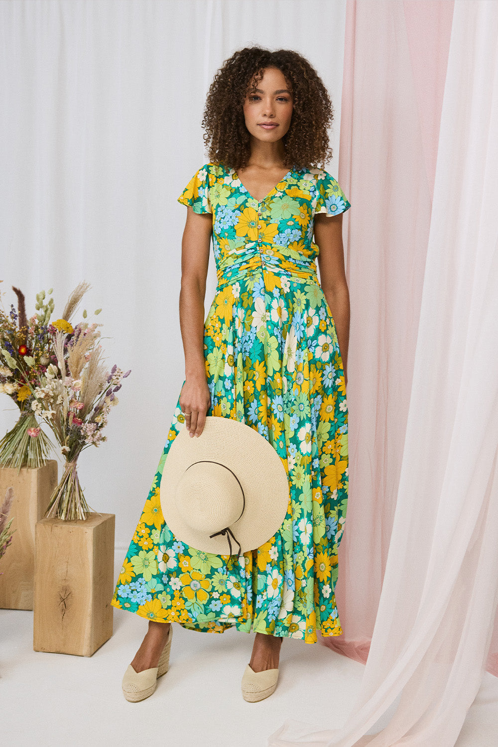 Floral Ruched Cap Sleeve Maxi Dress Front View