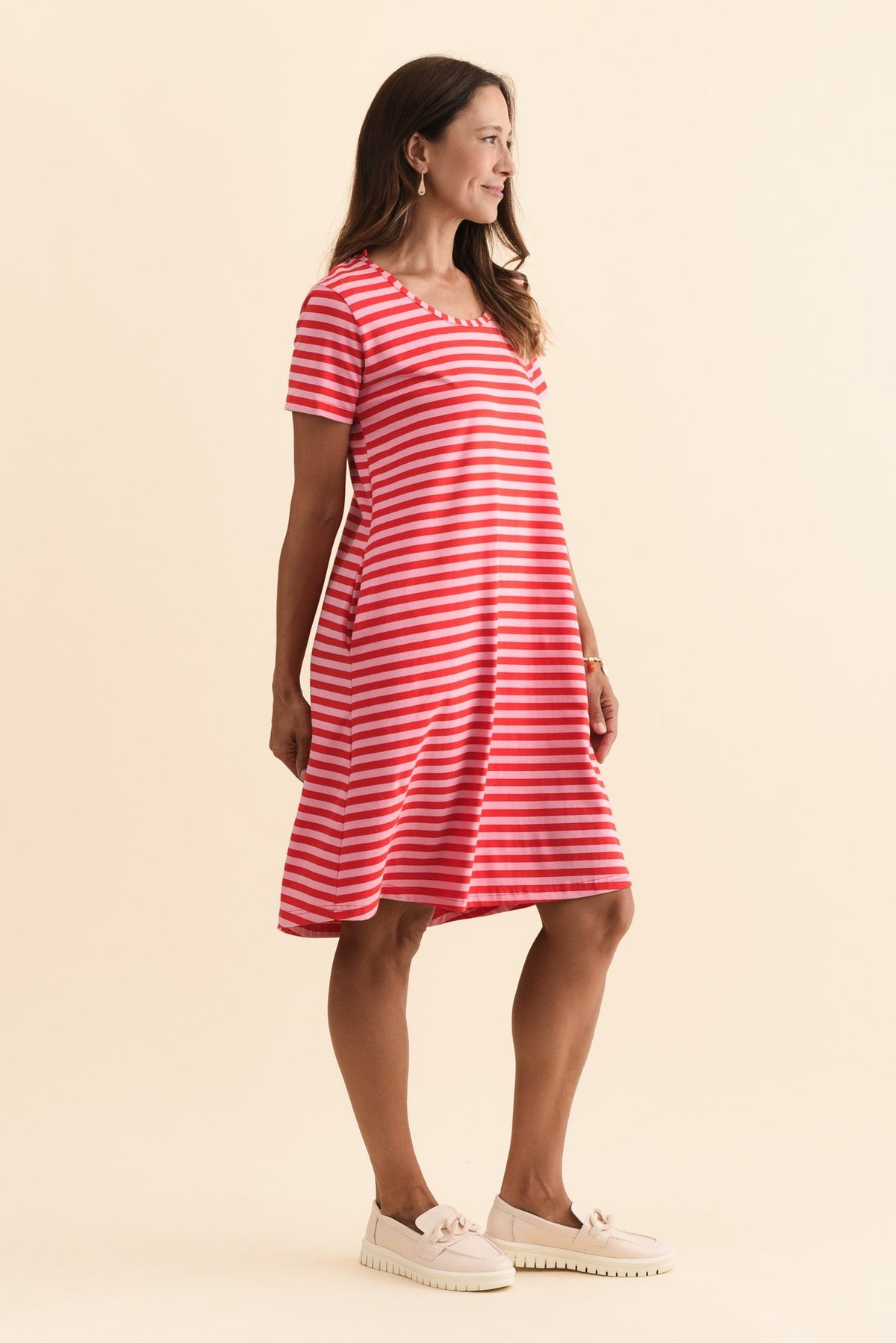 Izzy Red Stripe Cotton Tee Dress Side View