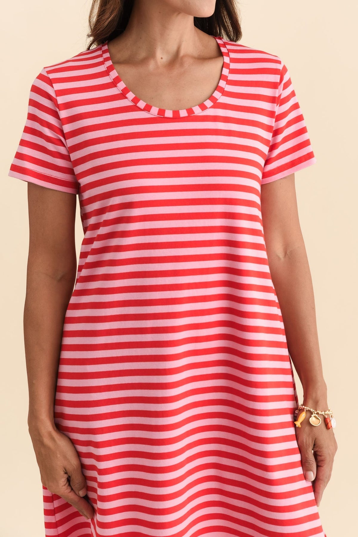 Izzy Red Stripe Cotton Tee Dress Full Length View