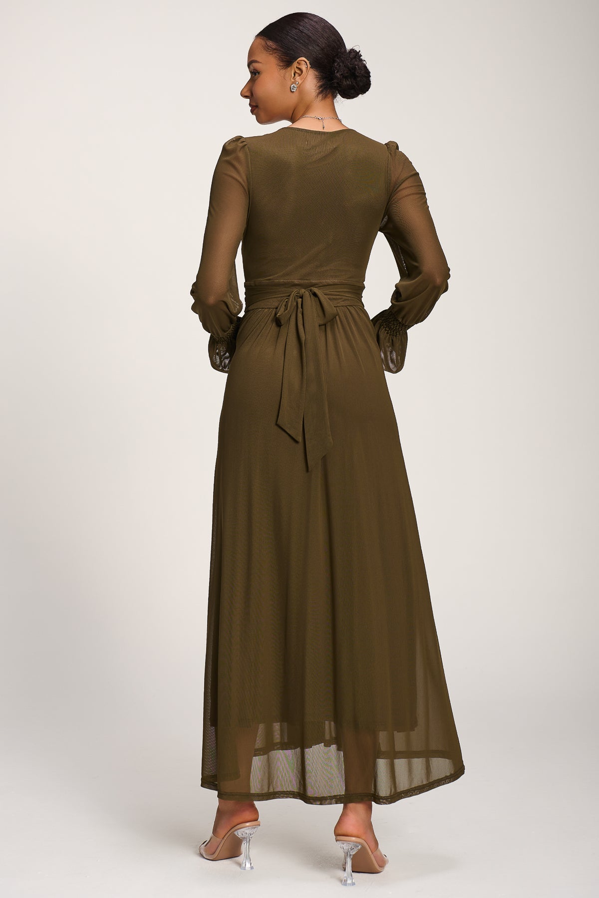 Long Sleeve Mesh Maxi Dress Dark Olive Green Back View