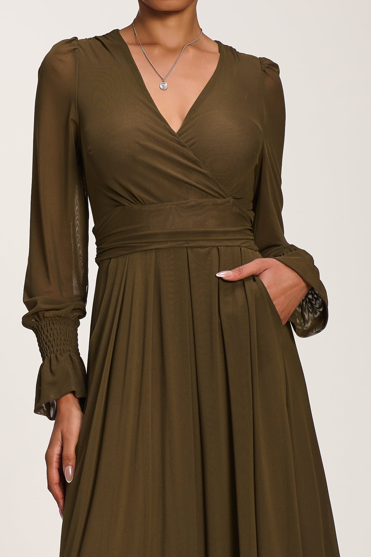Long Sleeve Mesh Maxi Dress Dark Olive Green Side View