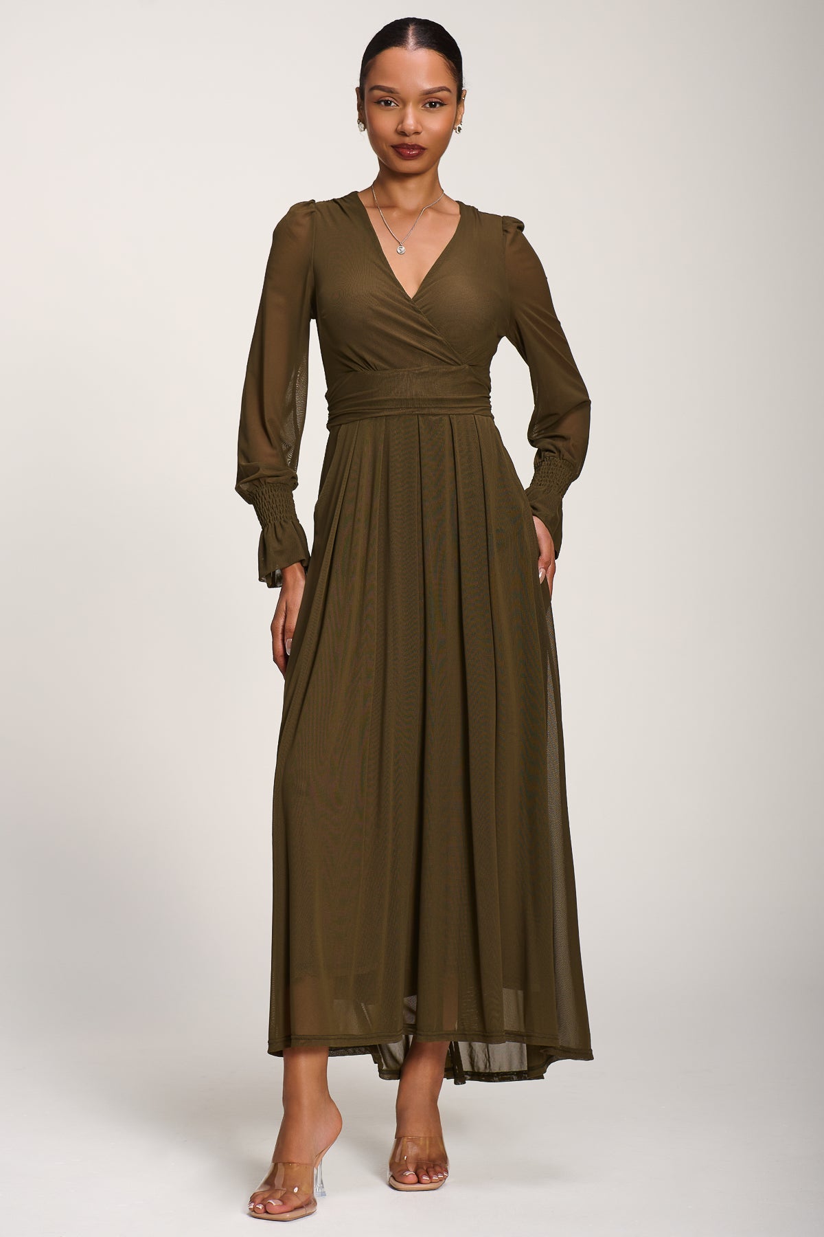 Long Sleeve Mesh Maxi Dress Dark Olive Green Detail View