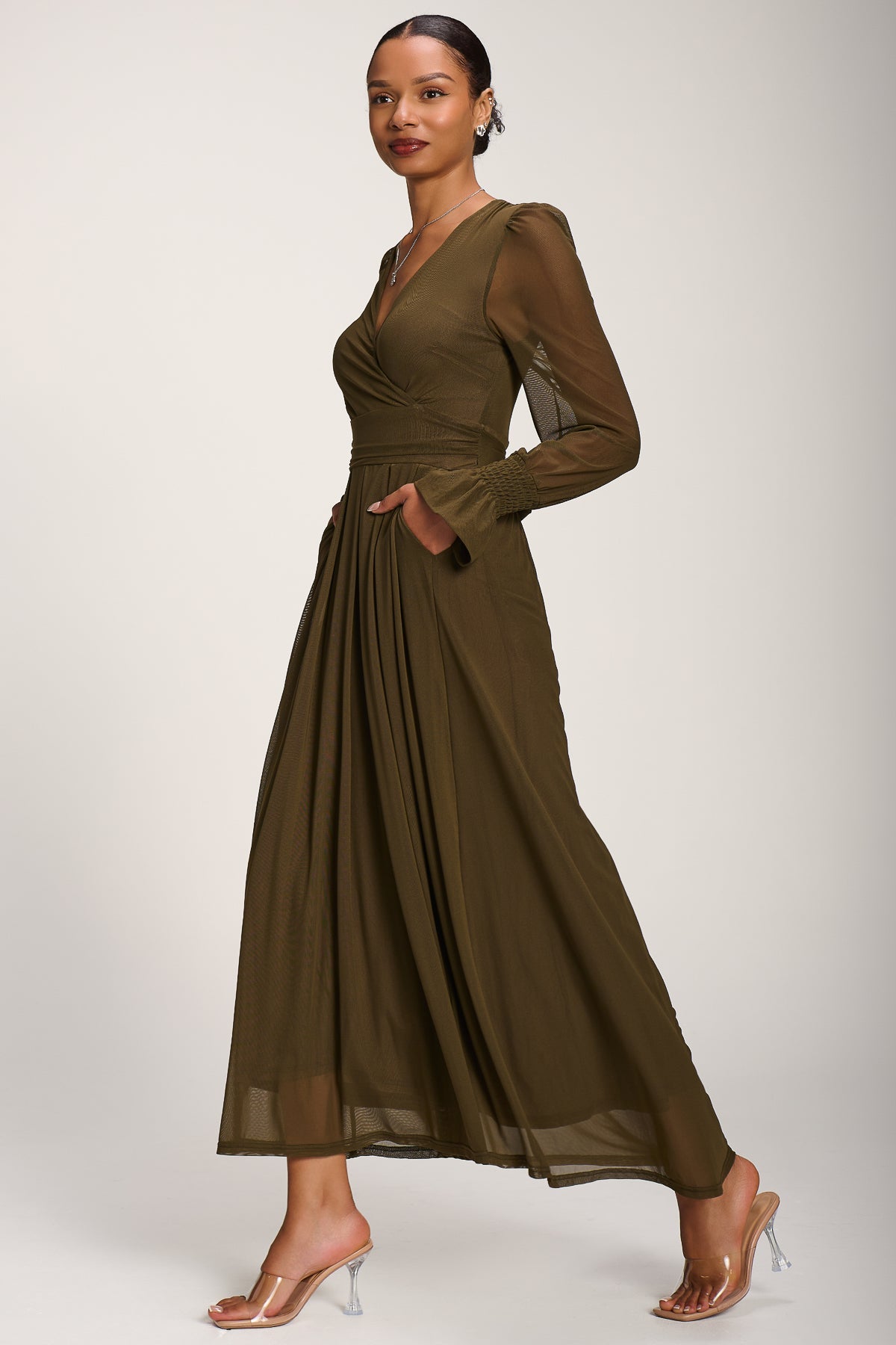Long Sleeve Mesh Maxi Dress Dark Olive Green Styled View