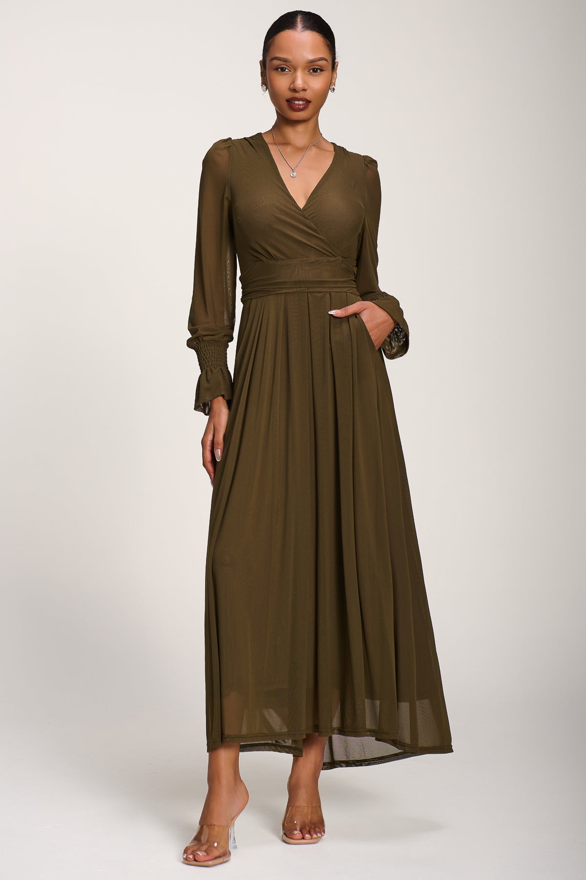 Long Sleeve Mesh Maxi Dress Dark Olive Green Full Length View