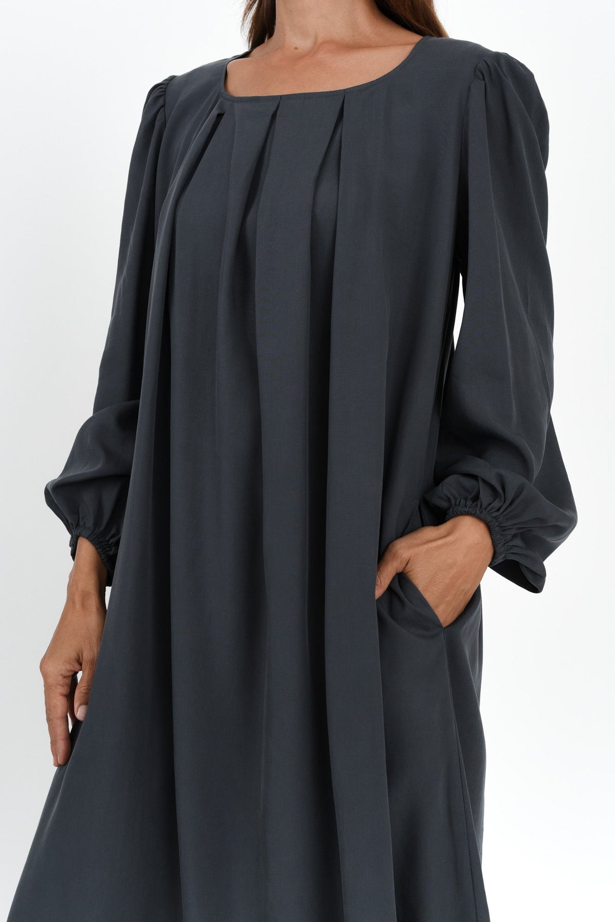 Jade Navy Puff Sleeve Dress Full Length View