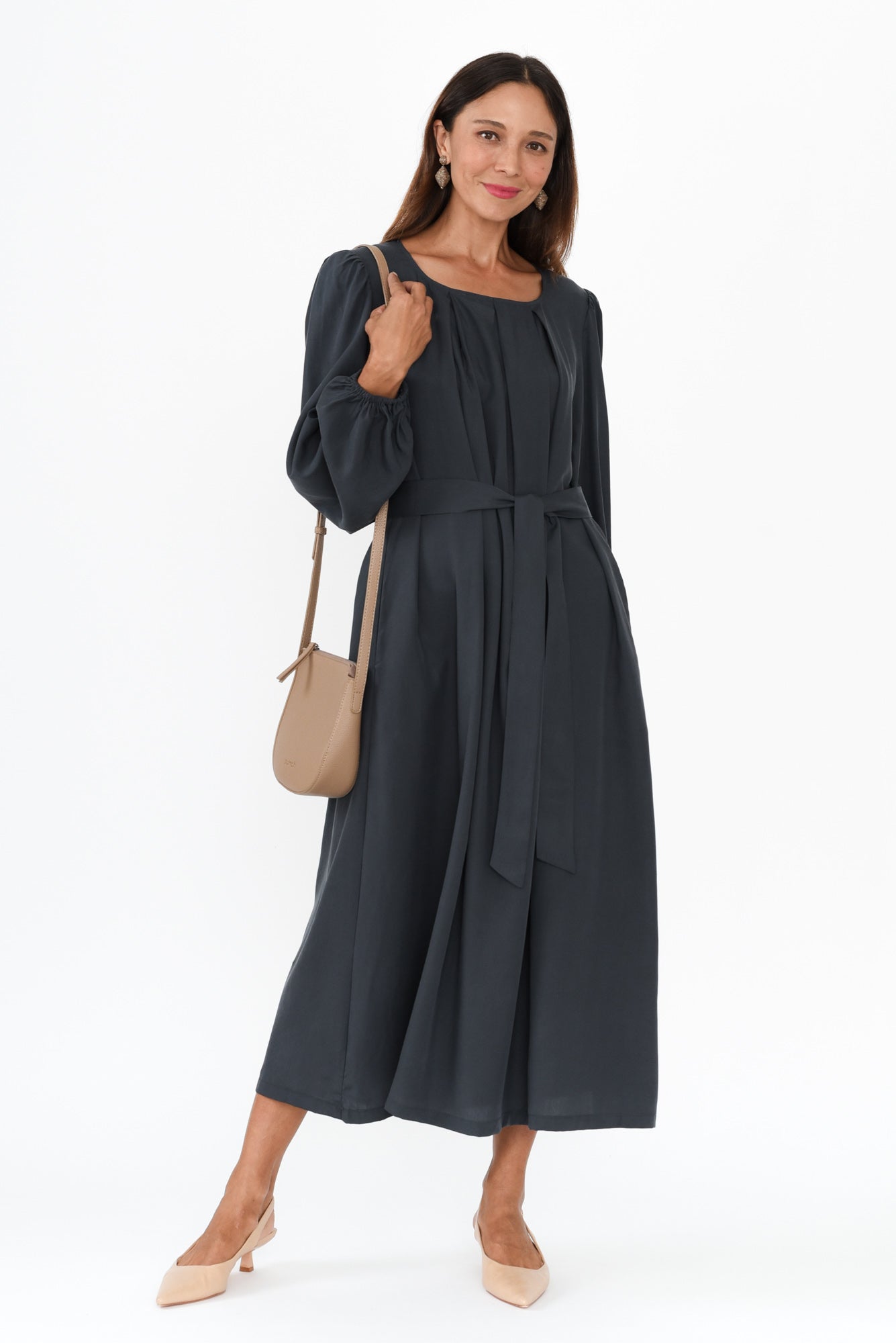 Jade Navy Puff Sleeve Dress Front View