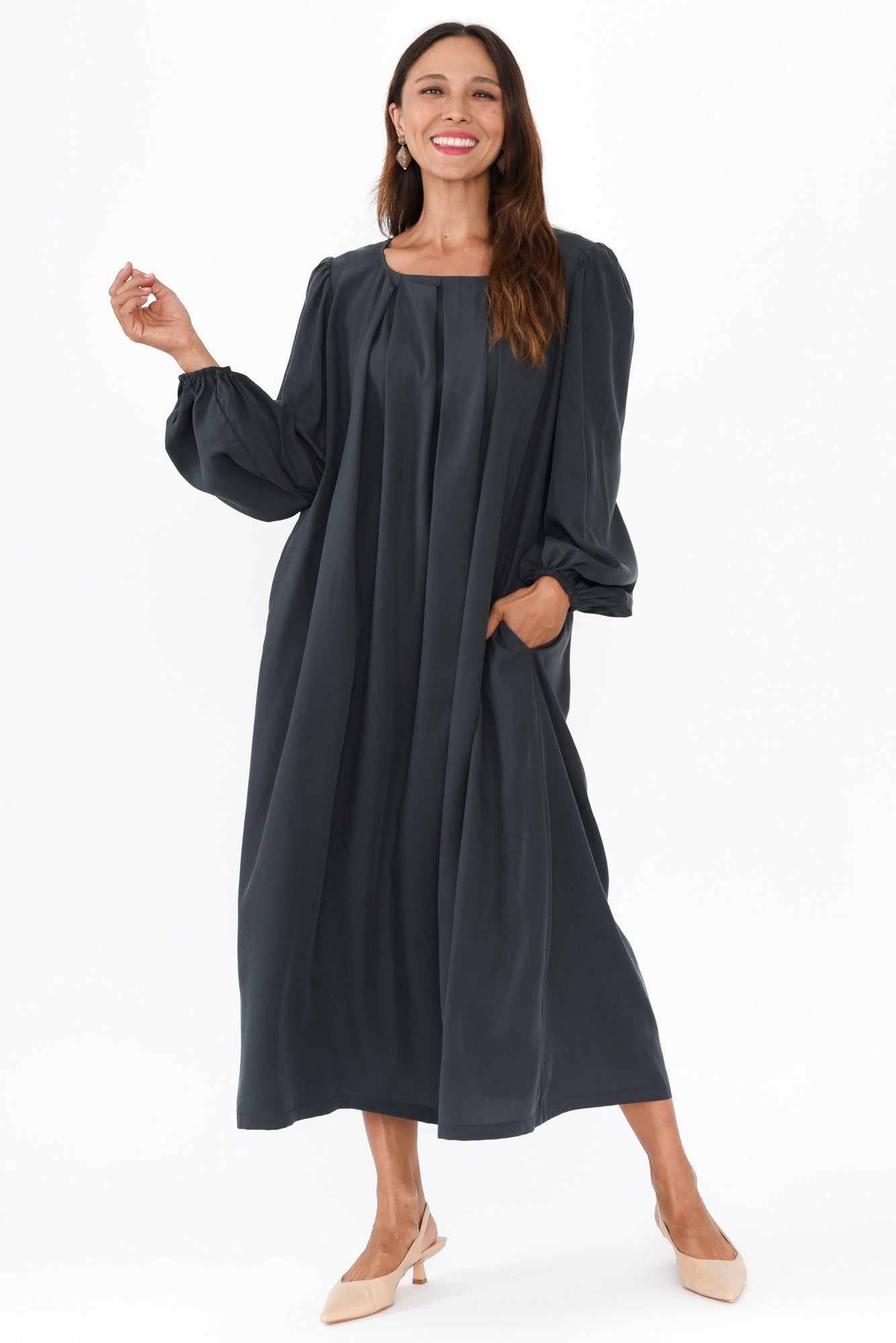 Jade Navy Puff Sleeve Dress Front View 2