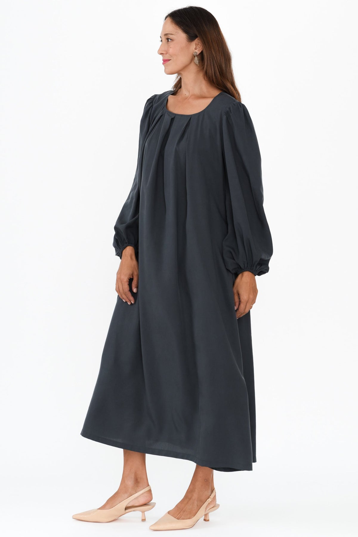 Jade Navy Puff Sleeve Dress Side View