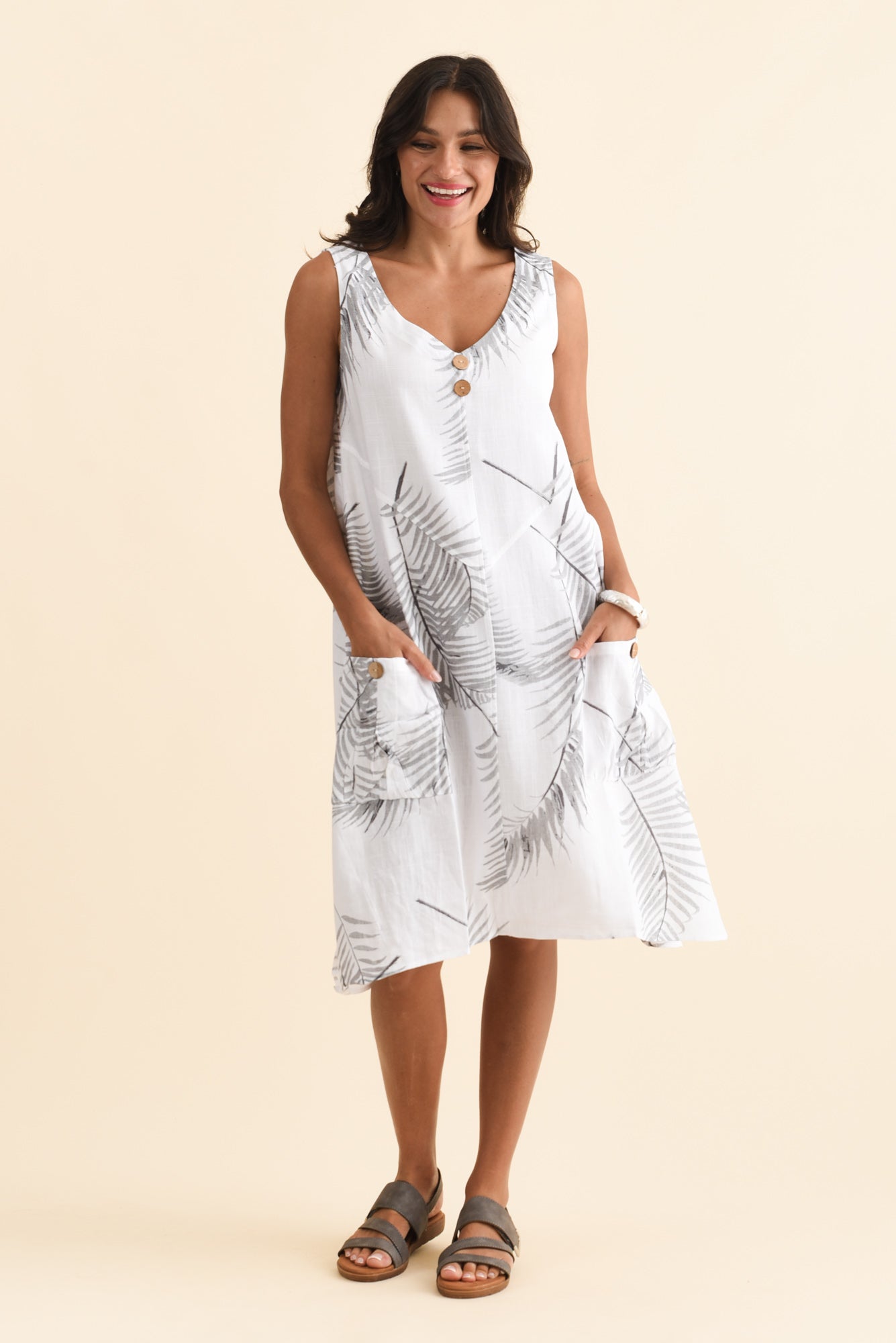 Jakine White Fern Linen Cotton Dress Front View 2