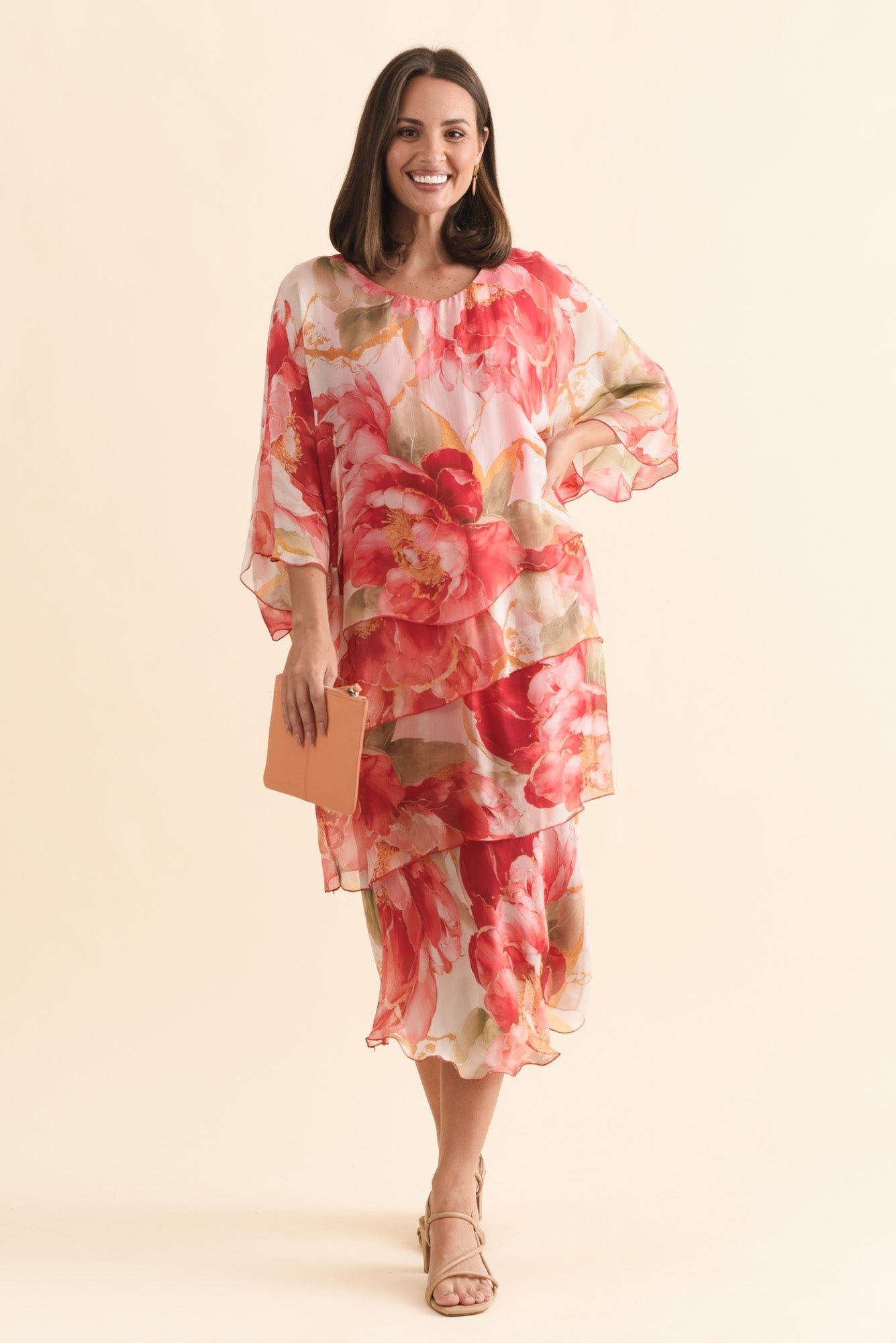 Jasmine Red Floral Silk Layer Dress Front View 2