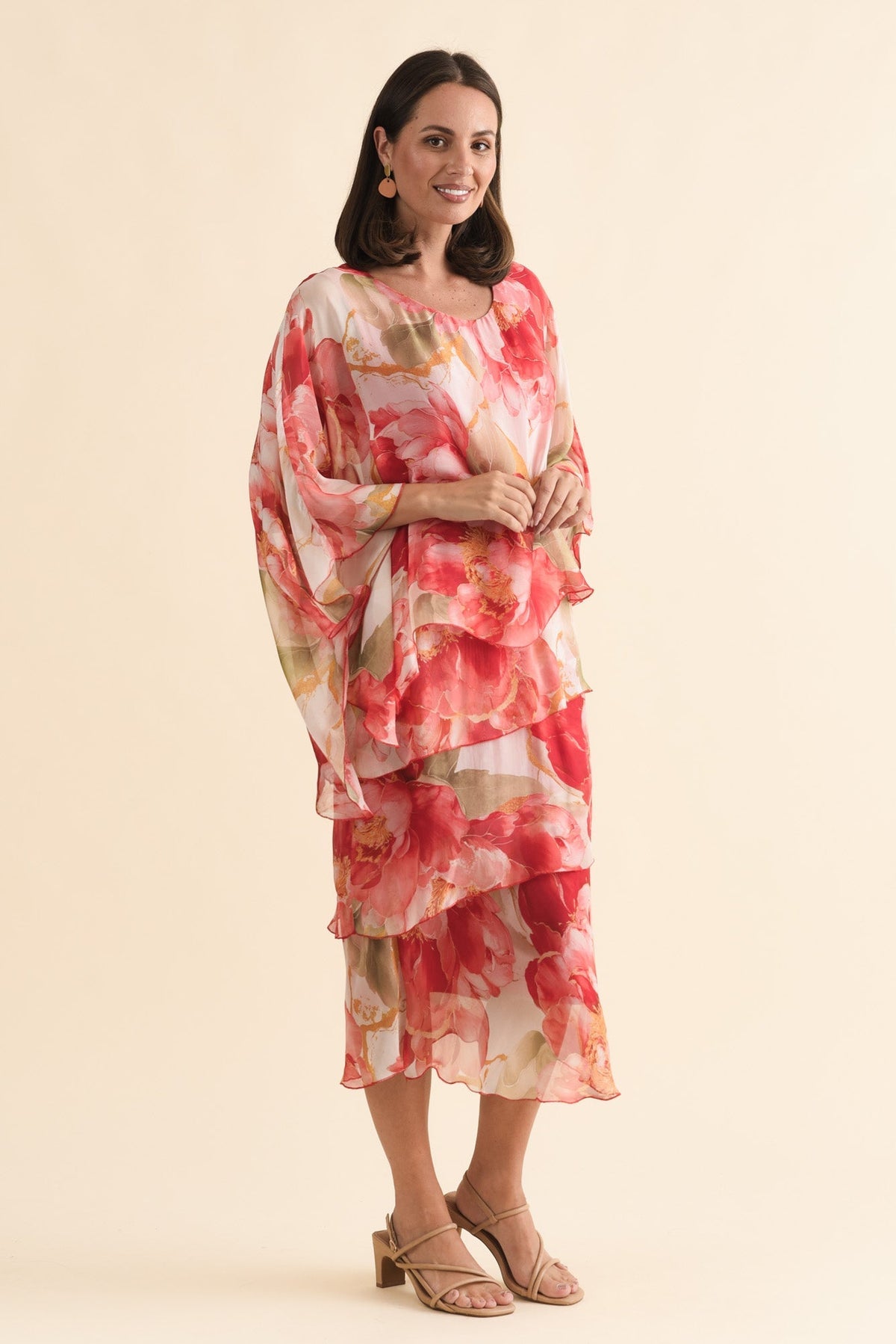 Jasmine Red Floral Silk Layer Dress Back View