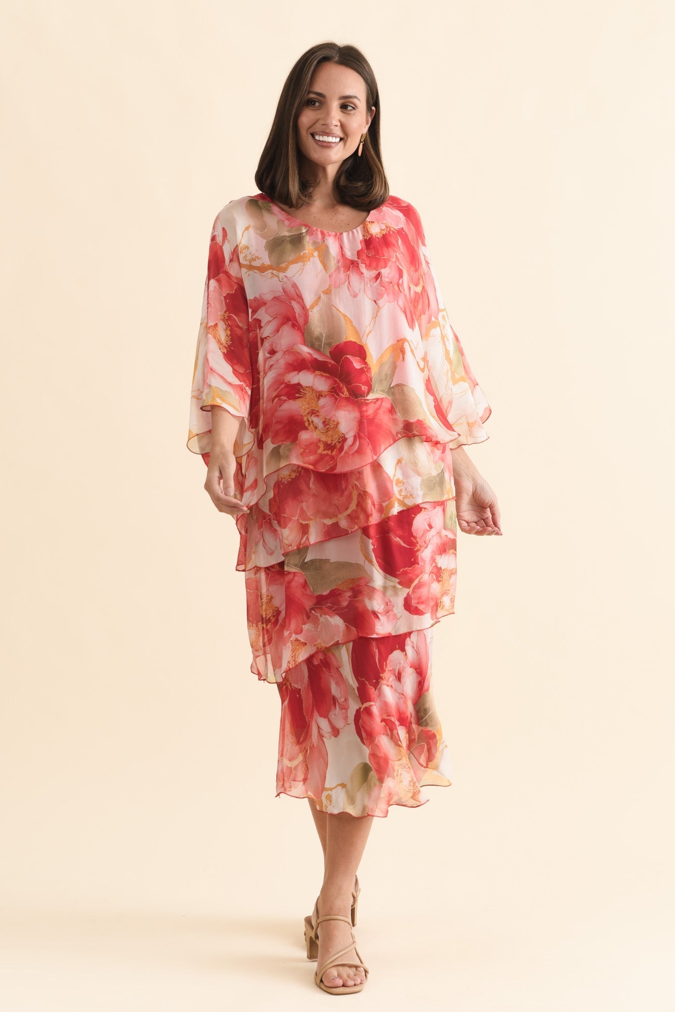Jasmine Red Floral Silk Layer Dress Front View
