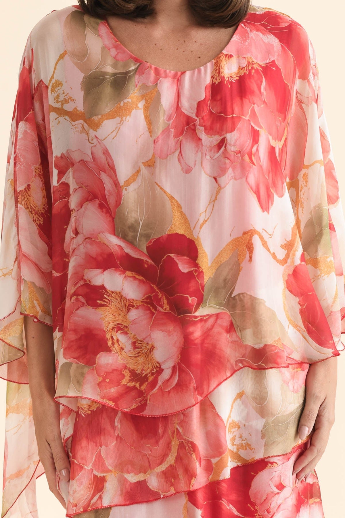 Jasmine Red Floral Silk Layer Dress Detail View