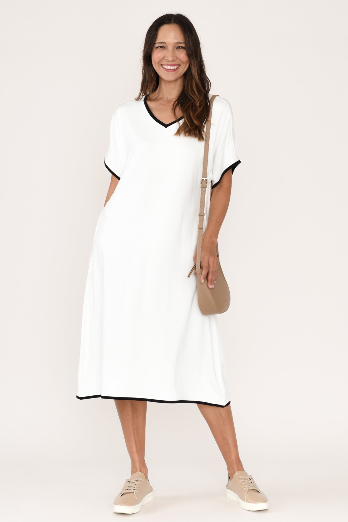 Jemima White Contrast V Neck Dress Front View