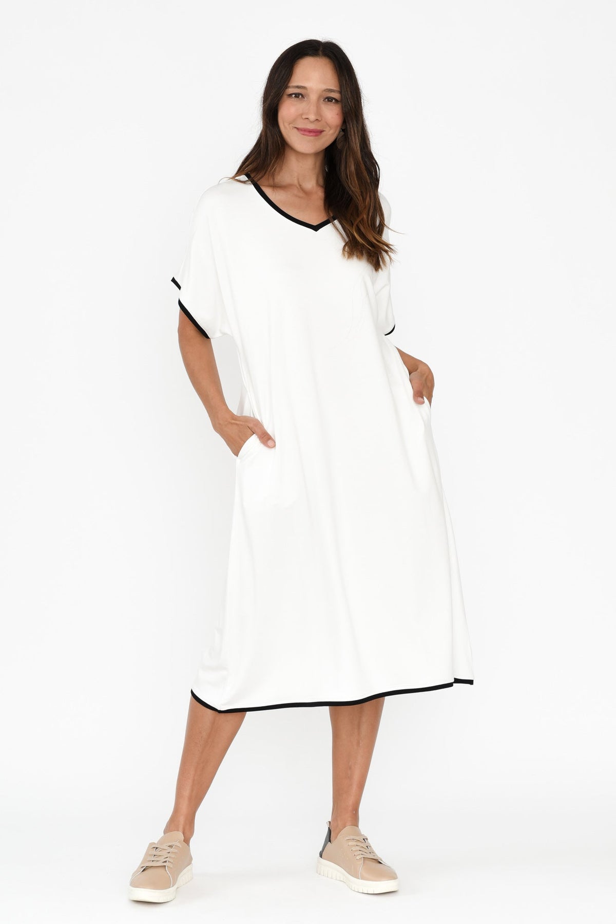 Jemima White Contrast V Neck Dress Back View 2