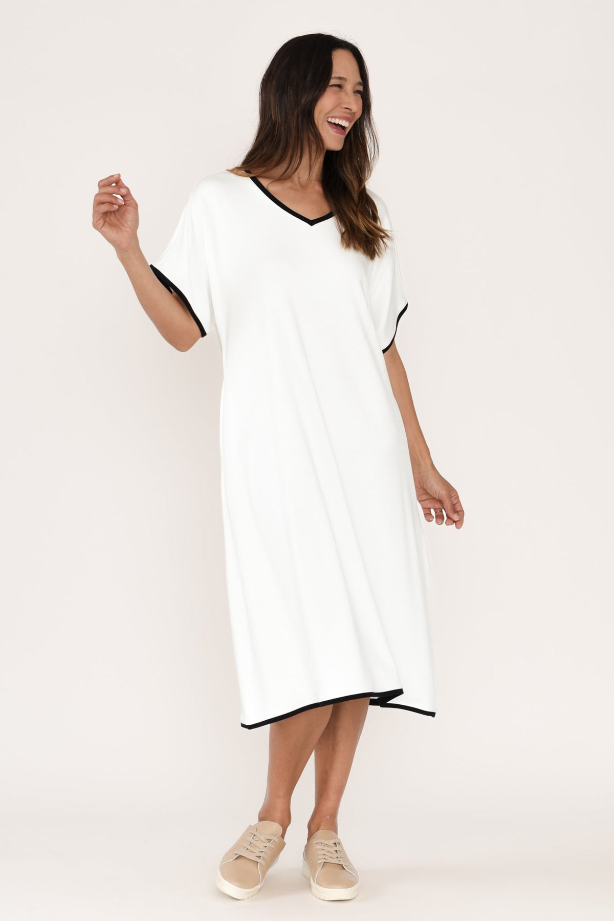 Jemima White Contrast V Neck Dress Back View