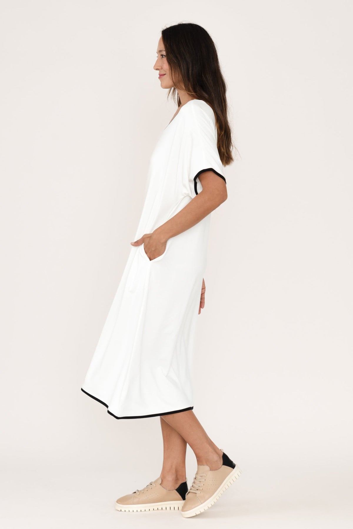 Jemima White Contrast V Neck Dress Side View