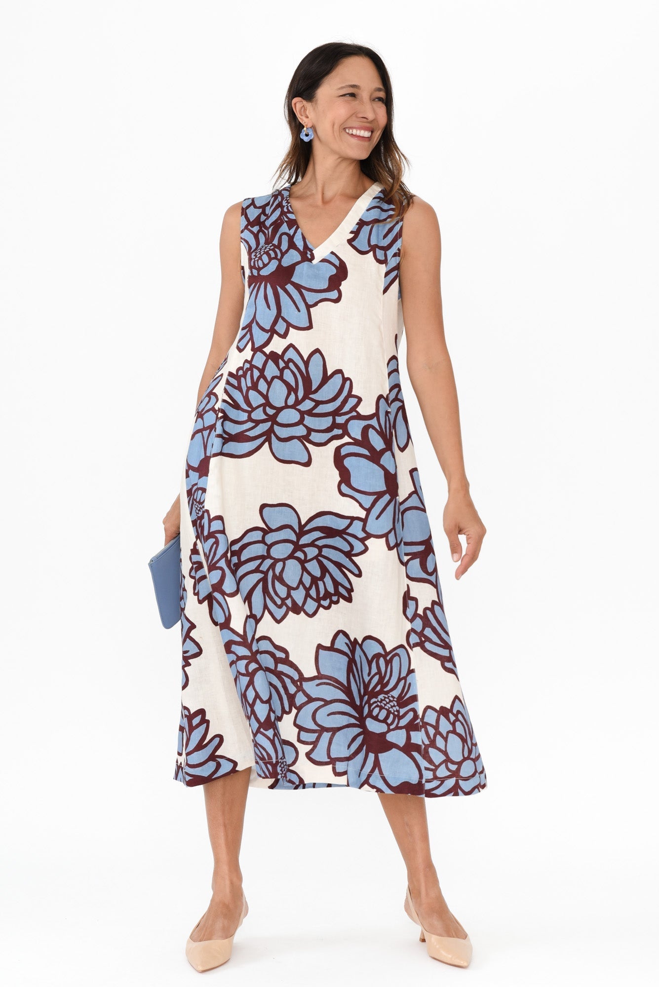 Joanne Blue Bloom Linen Dress Front View 2