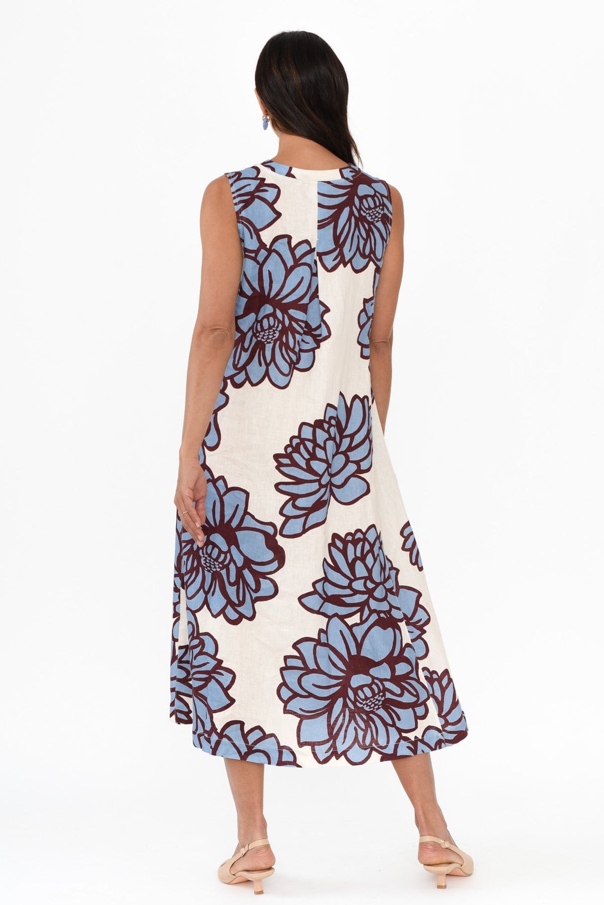 Joanne Blue Bloom Linen Dress Side View