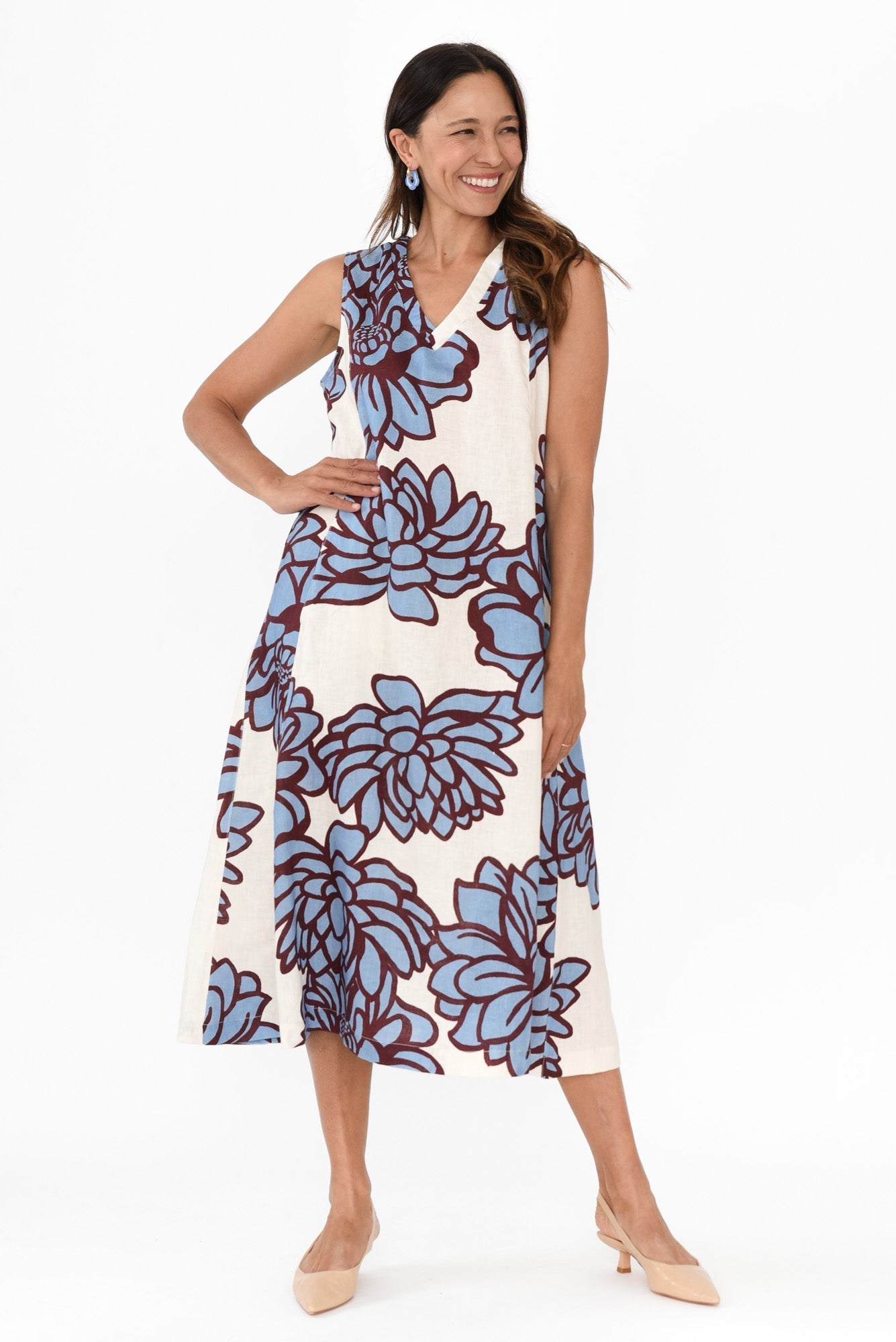 Joanne Blue Bloom Linen Dress Front View
