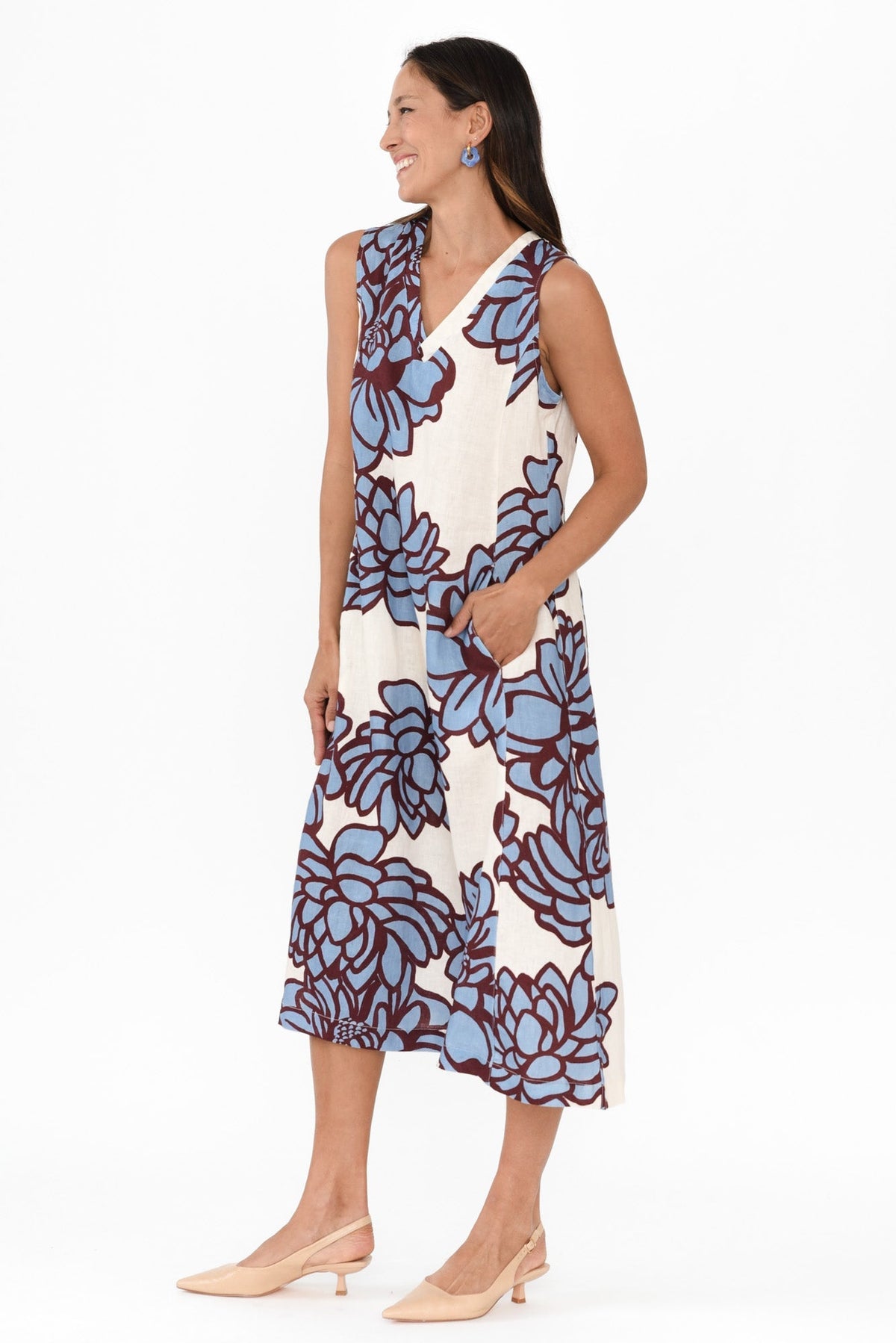 Joanne Blue Bloom Linen Dress Back View