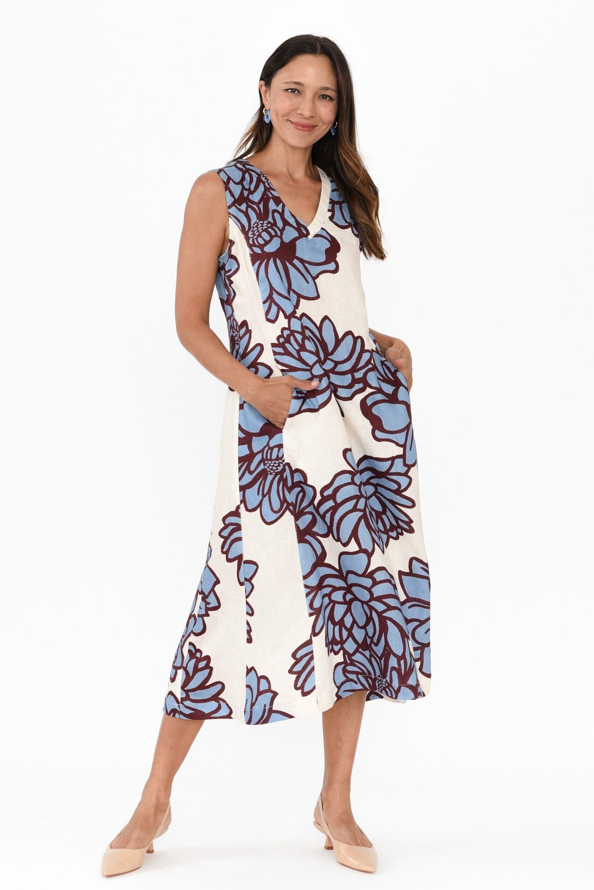 Joanne Blue Bloom Linen Dress Full Length View
