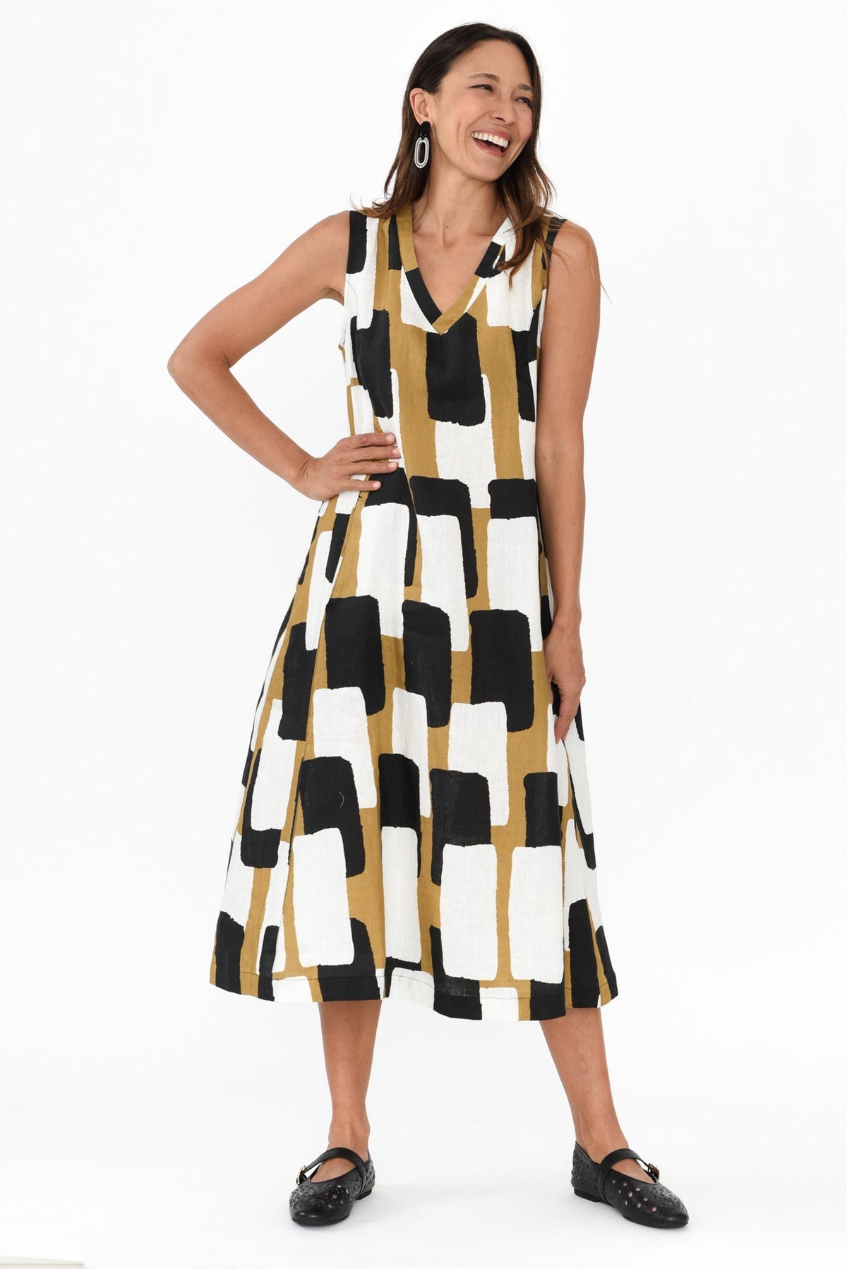 Joanne Yellow Geo Linen Dress Full Length View