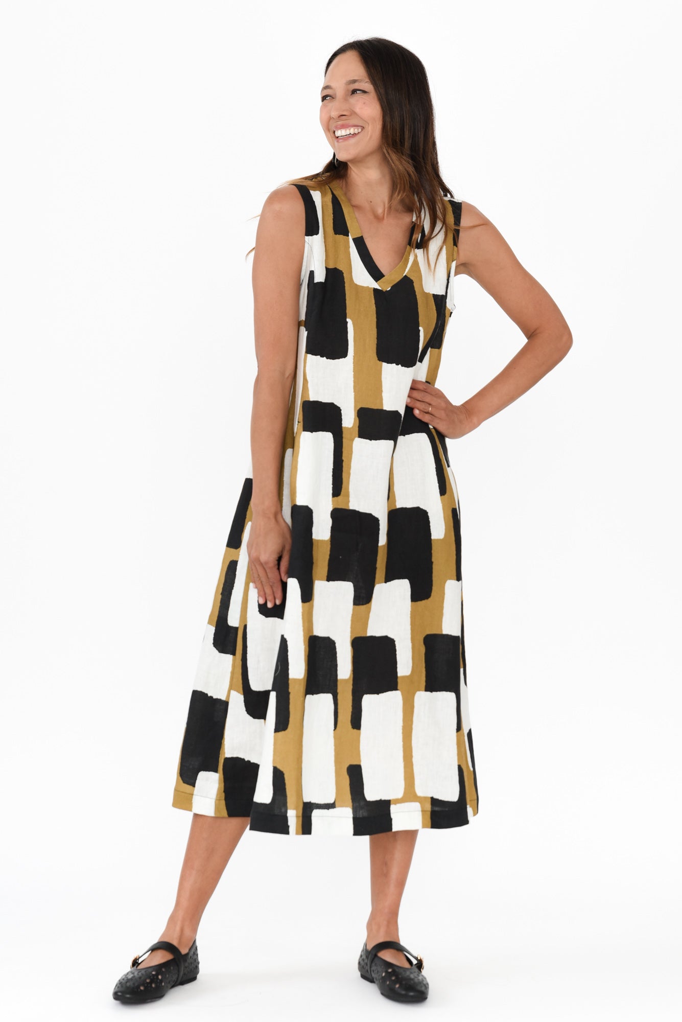 Joanne Yellow Geo Linen Dress Front View 2