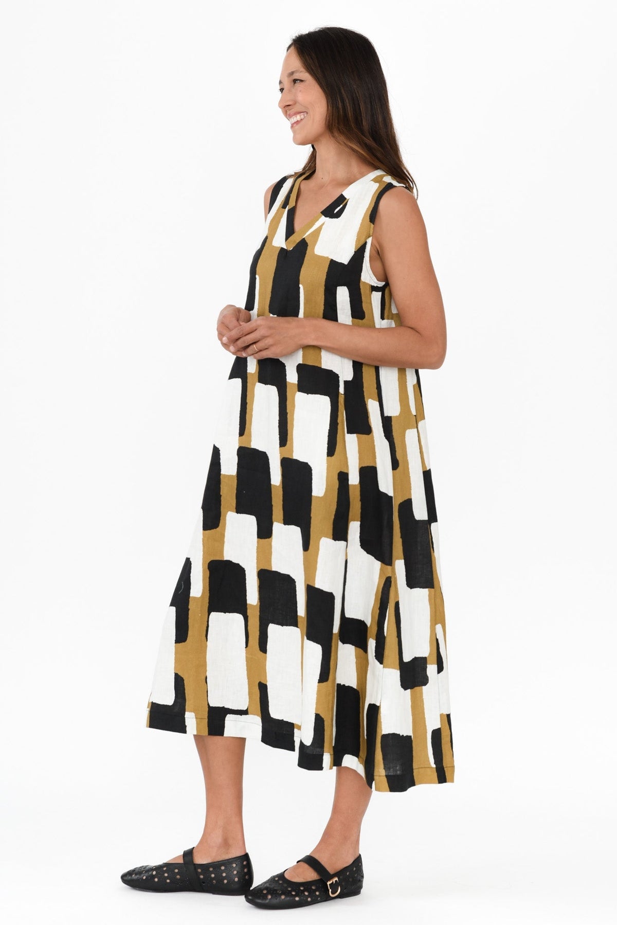 Joanne Yellow Geo Linen Dress Back View