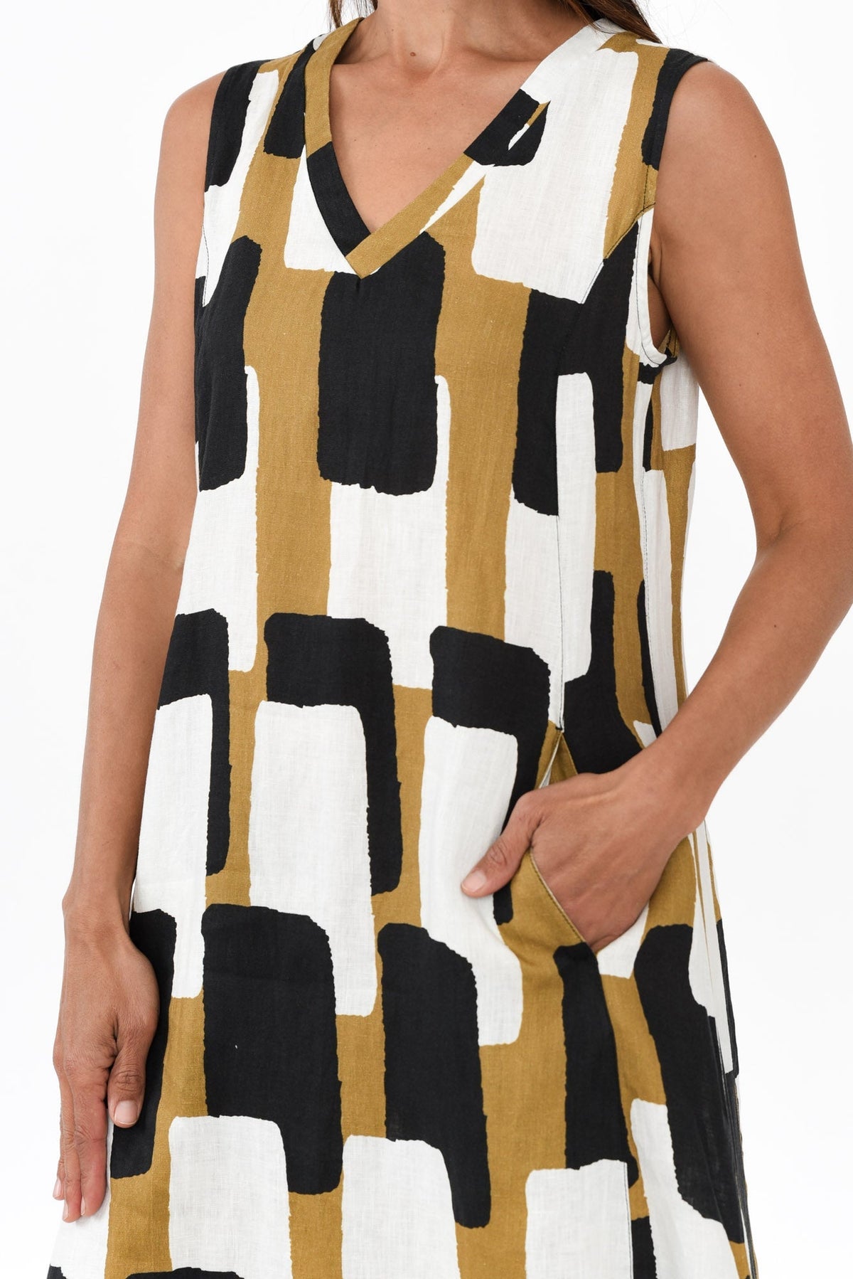 Joanne Yellow Geo Linen Dress Detail View